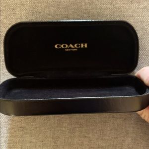 COACH Eyeglasses/Sunglasses Case, Black Leather Clamshell, Embossed Gold Logo